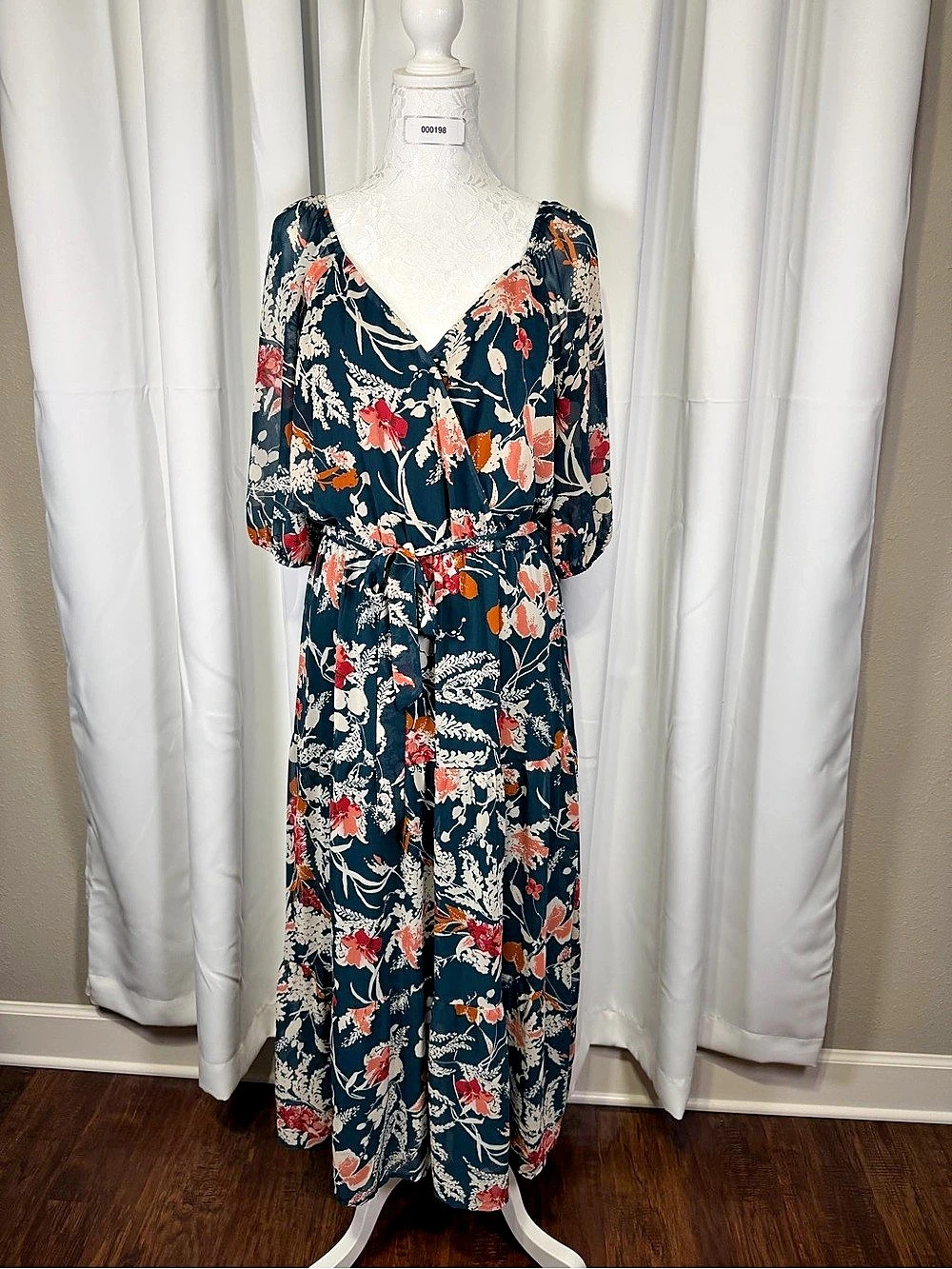 Luxology Women’s Medium Teal Floral Maxi Dress Wrap Surplice Tie Waist 3/4 Sleev